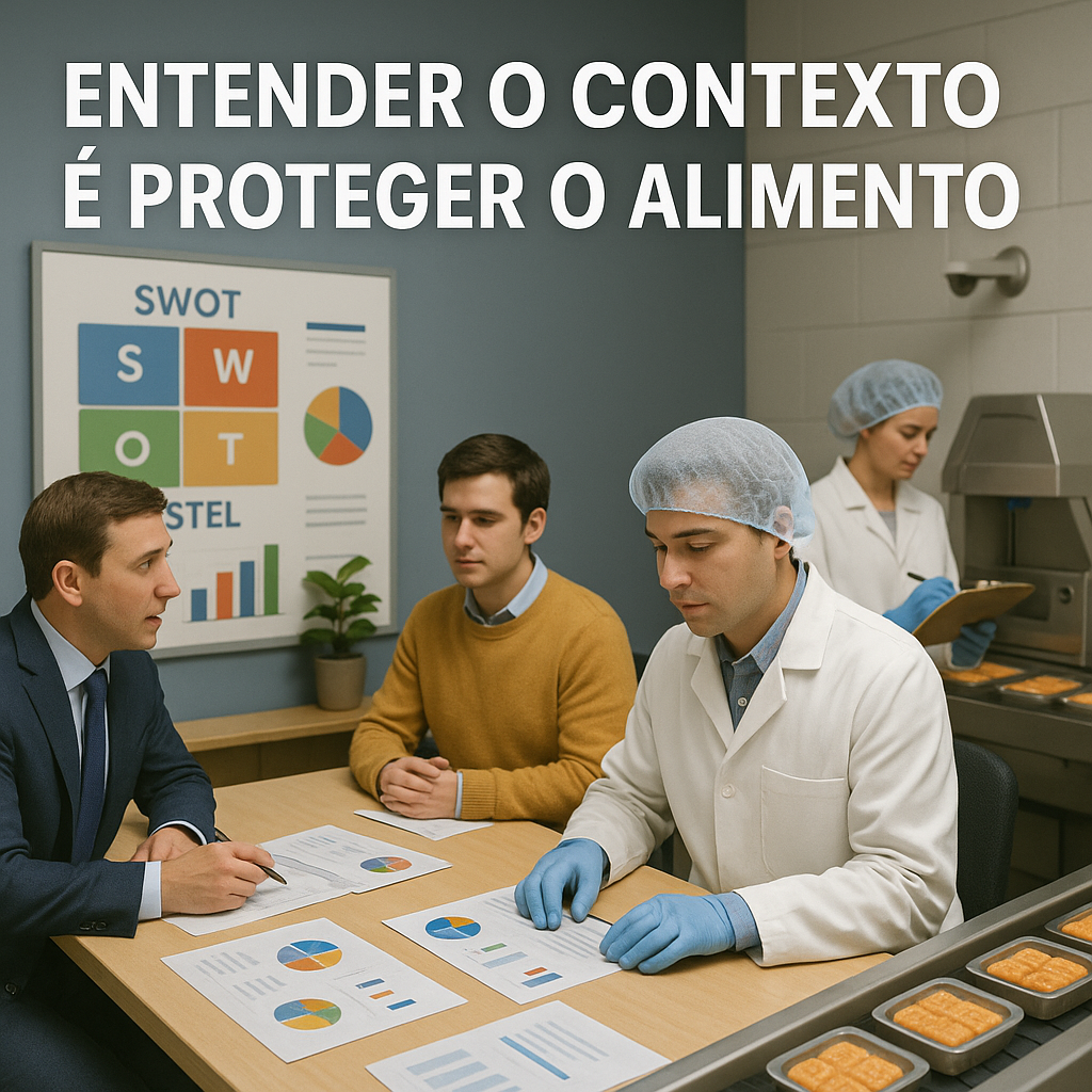 Profissionais da indústria alimentícia realizando análise estratégica com gráficos SWOT e PESTEL ao lado de uma linha de produção, representando a conexão entre contexto organizacional e segurança dos alimentos.